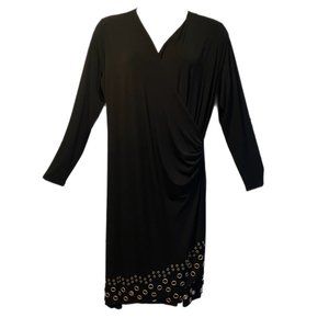 Michael Michael Kors Woman's 2X Black Knit Long Sleeve Faux-Wrap Grommet Dress